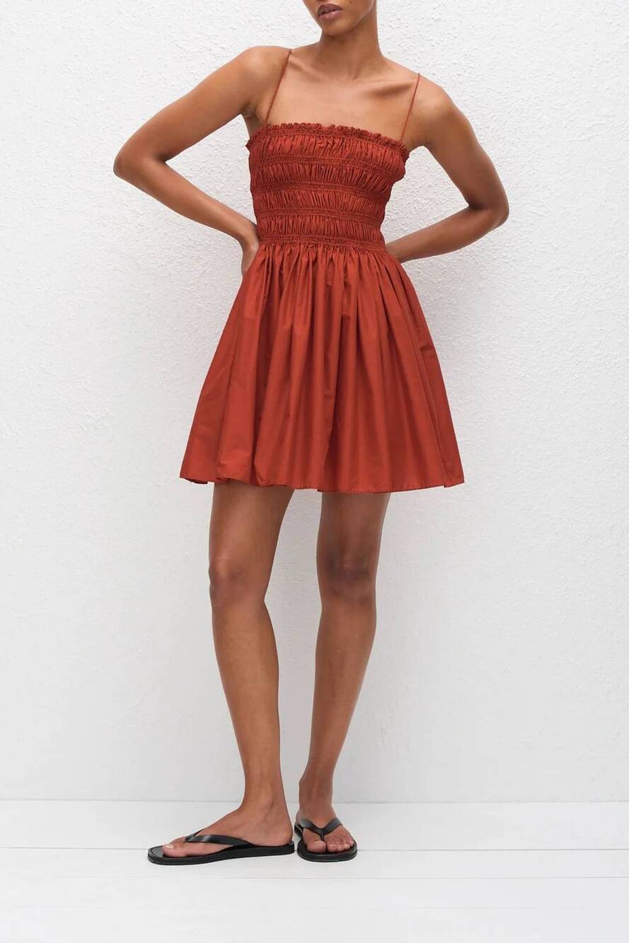 NEW MATTEAU shirred bodice mini dress in tomato